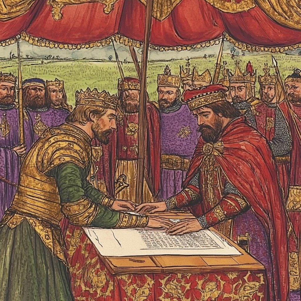 King John reluctantly signing the Magna Carta, barons watching closely, medieval tent, Runnymede meadow, illuminated manuscript style --v 6.1