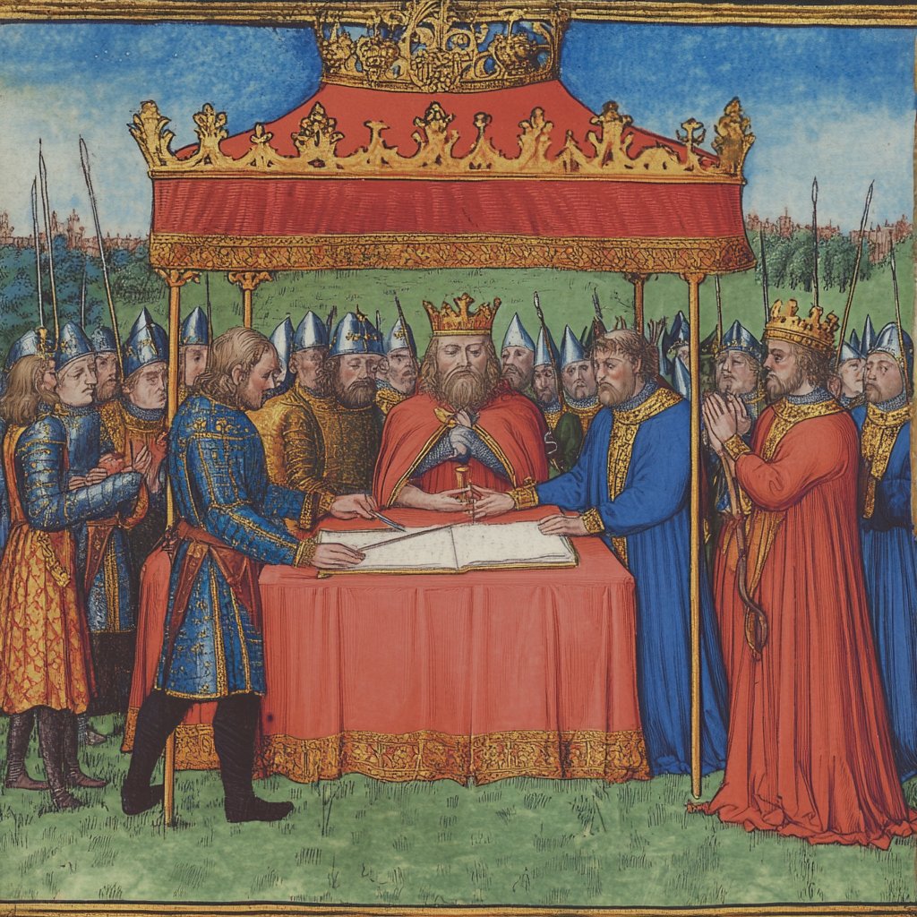 King John reluctantly signing the Magna Carta, barons watching closely, medieval tent, Runnymede meadow, illuminated manuscript style --v 6.1
