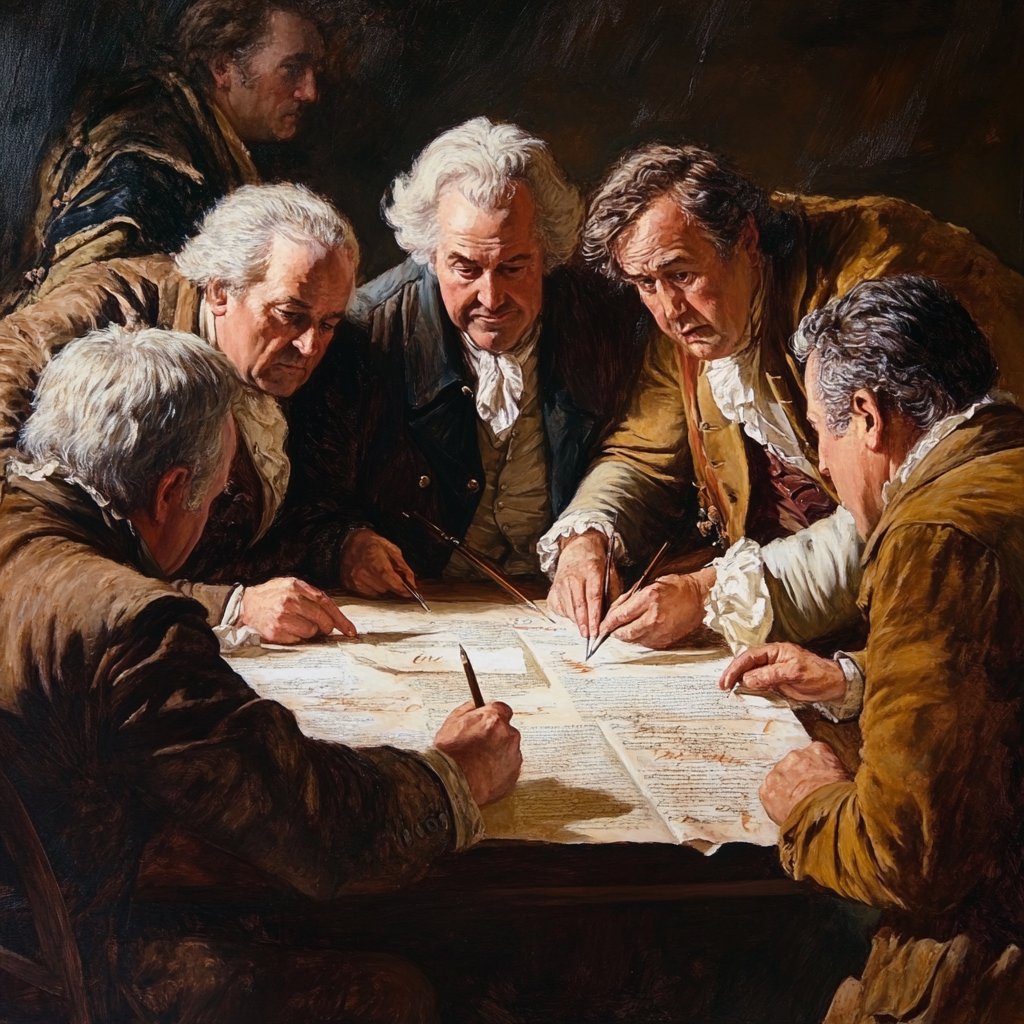 Signing of the Declaration of Independence, founding fathers gathered, quill pens, parchment, 1776, oil painting style --v 6.1