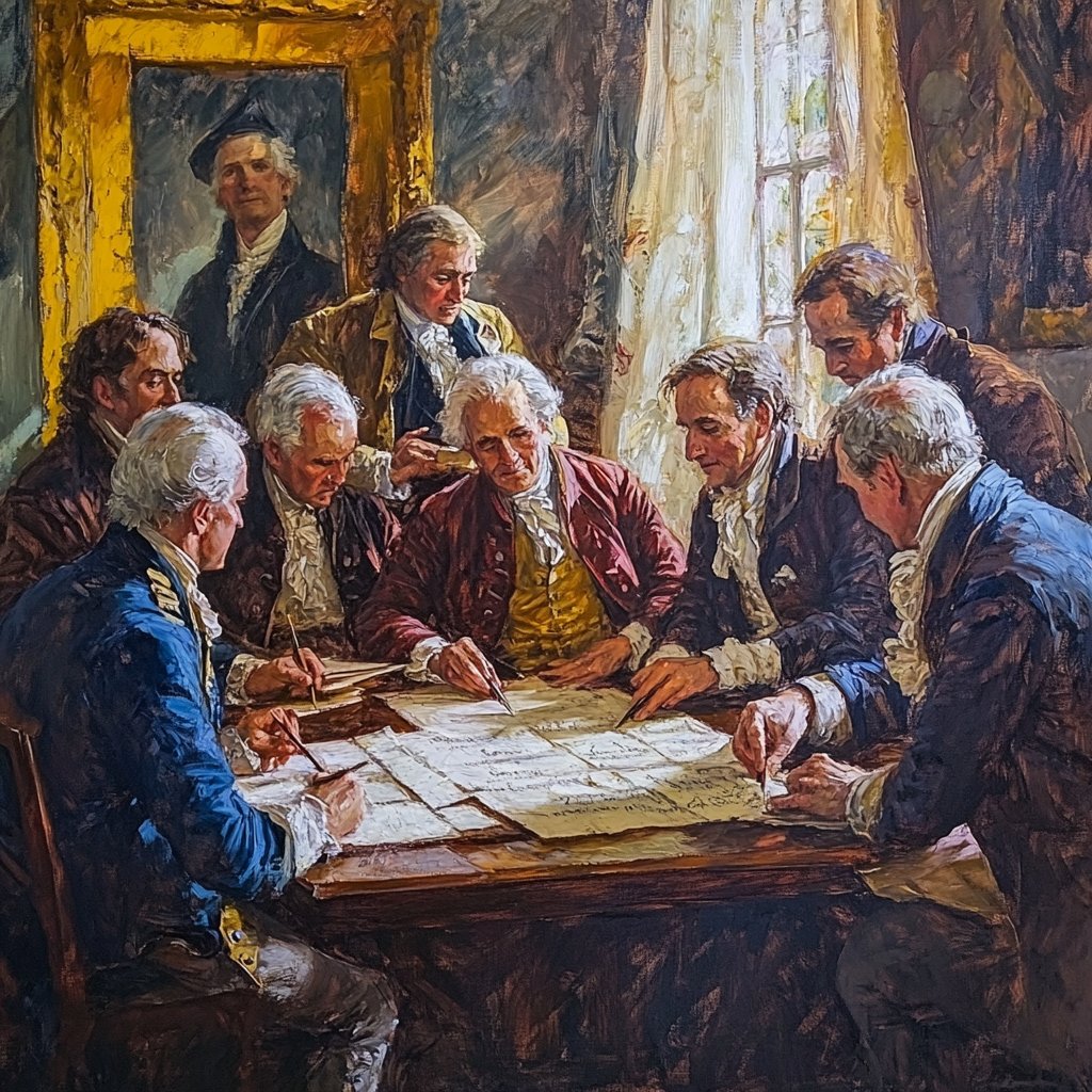 Signing of the Declaration of Independence, founding fathers gathered, quill pens, parchment, 1776, oil painting style --v 6.1