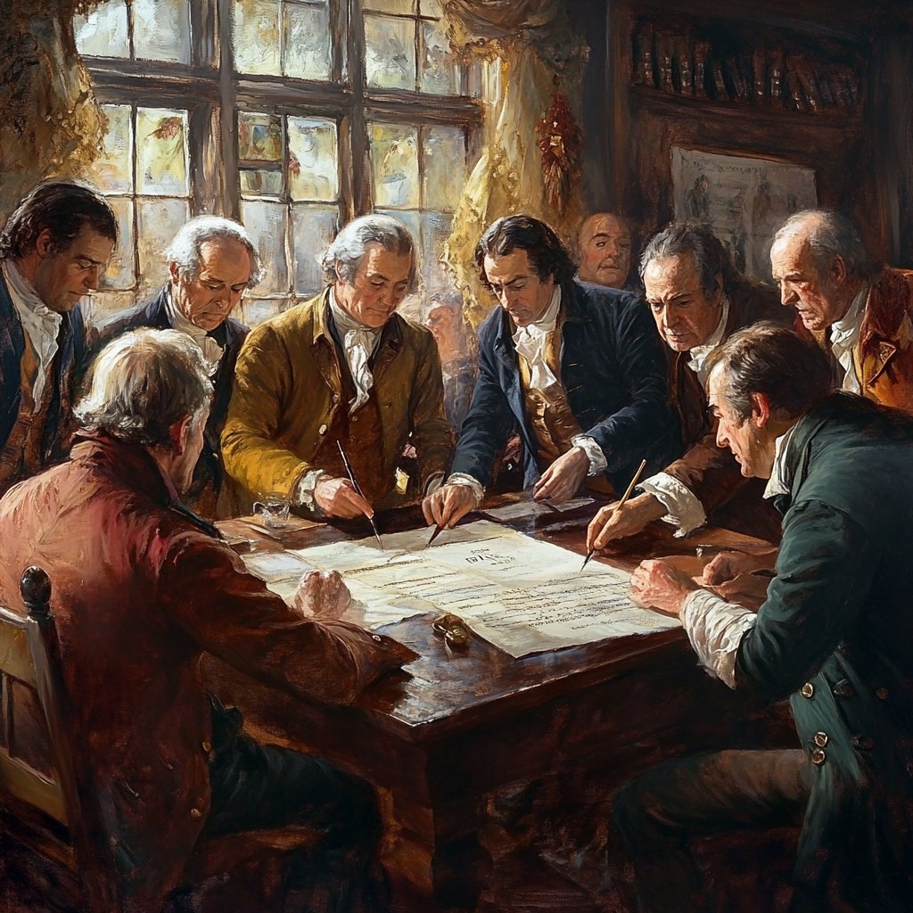 Signing of the Declaration of Independence, founding fathers gathered, quill pens, parchment, 1776, oil painting style --v 6.1