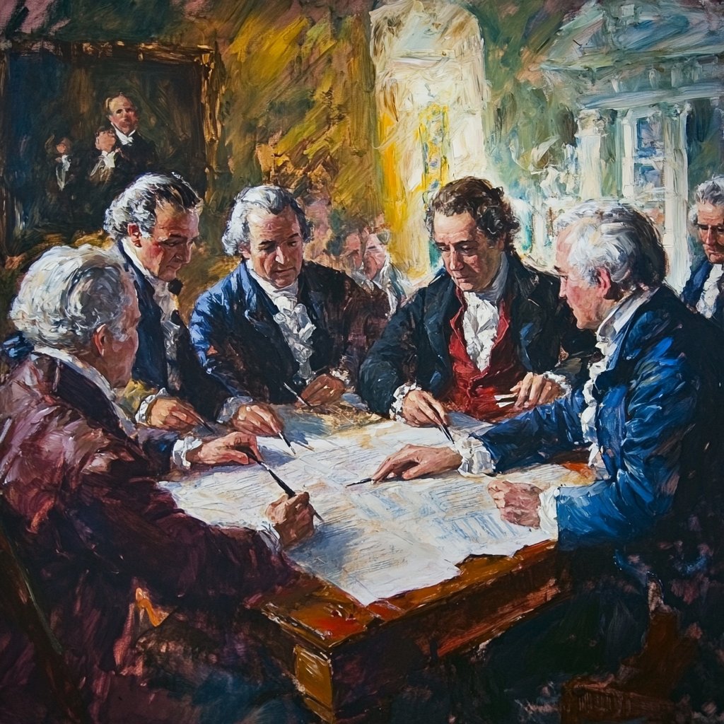 Signing of the Declaration of Independence, founding fathers gathered, quill pens, parchment, 1776, oil painting style --v 6.1