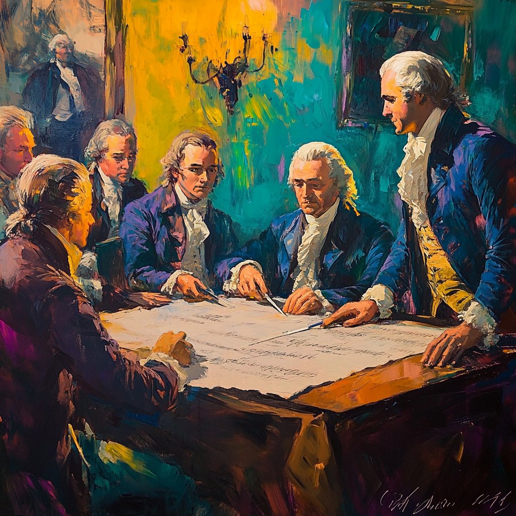The signing of the Declaration of Independence, vibrant brushstrokes, colonial attire, quill pens, parchment, dramatic lighting, inspired by John Trumbull's painting style --v 6.1