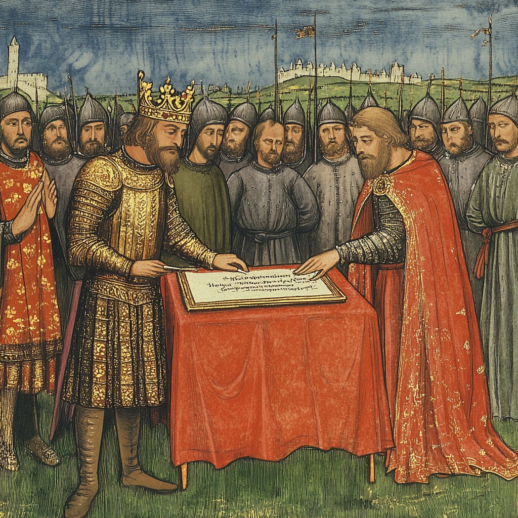 King John reluctantly signing the Magna Carta, barons watching closely, medieval tent, Runnymede meadow, illuminated manuscript style --v 6.1