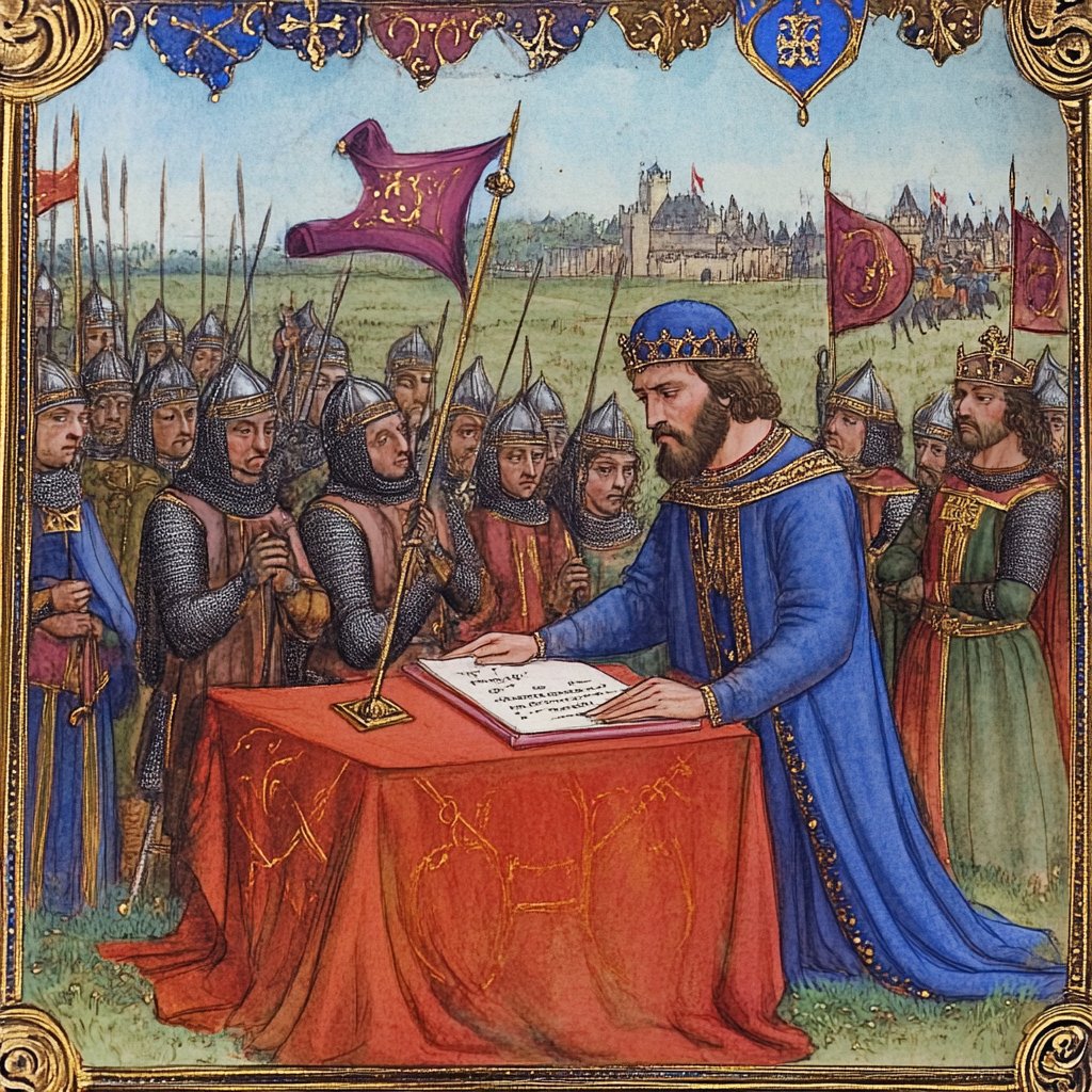King John reluctantly signing the Magna Carta, barons watching closely, medieval tent, Runnymede meadow, illuminated manuscript style --v 6.1